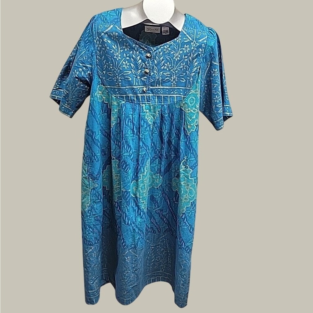 Sante Classics Dress Womens M Blue Batik Floral Cotton Midi Short Sleeve Boho